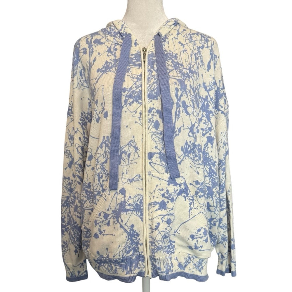 Brodie Cashmere Hoodie Size M Blue & Cream Inked Splatter Silk Blend Oversized